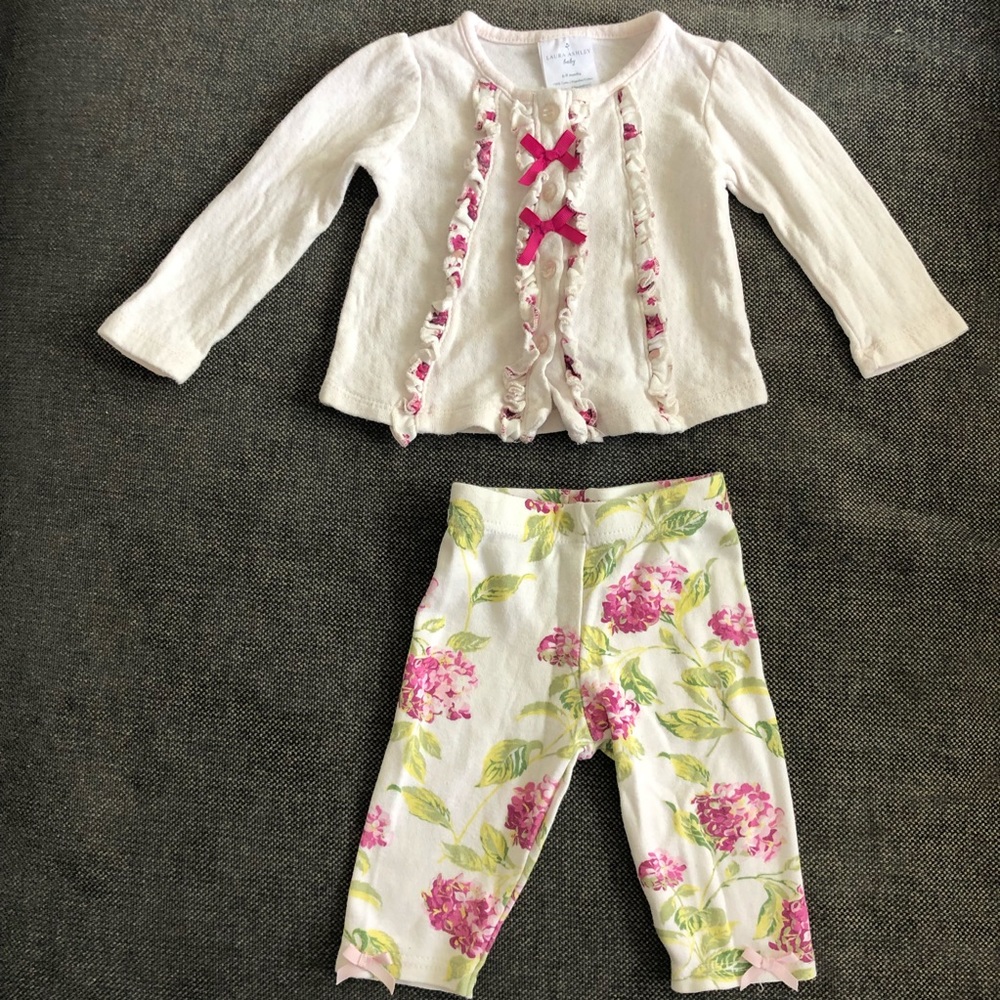 Laura Ashley cotton floral baby cardigan & pants set size 6-9 months (0) - Picture 1 of 6